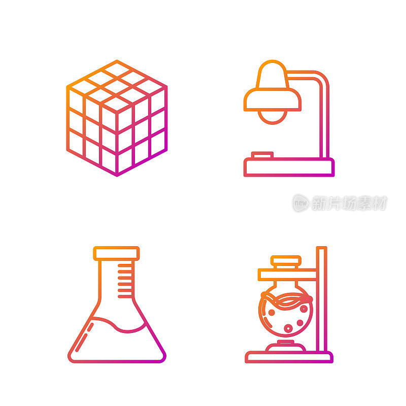 Set line Glass test tube flask on fire, Test tube and flask chemical laboratory, Rubik cube and Table lamp. Gradient color icons. Vector